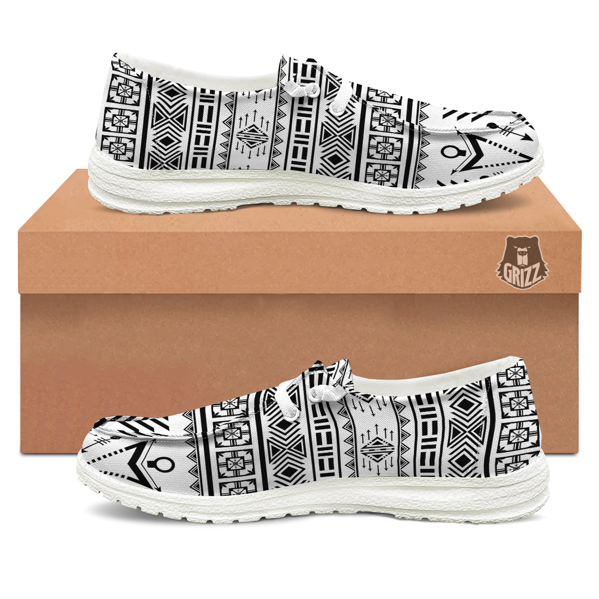 Aztec Grey And White Print Pattern White Loafers-grizzshop