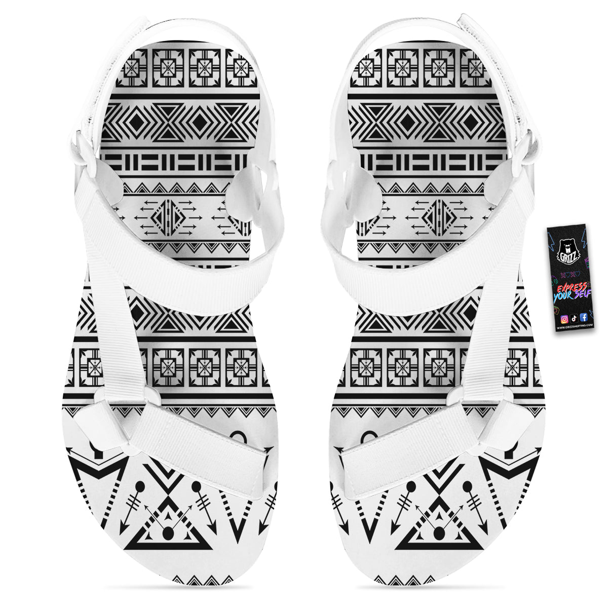 Aztec Grey And White Print Pattern White Open Toe Sandals-grizzshop