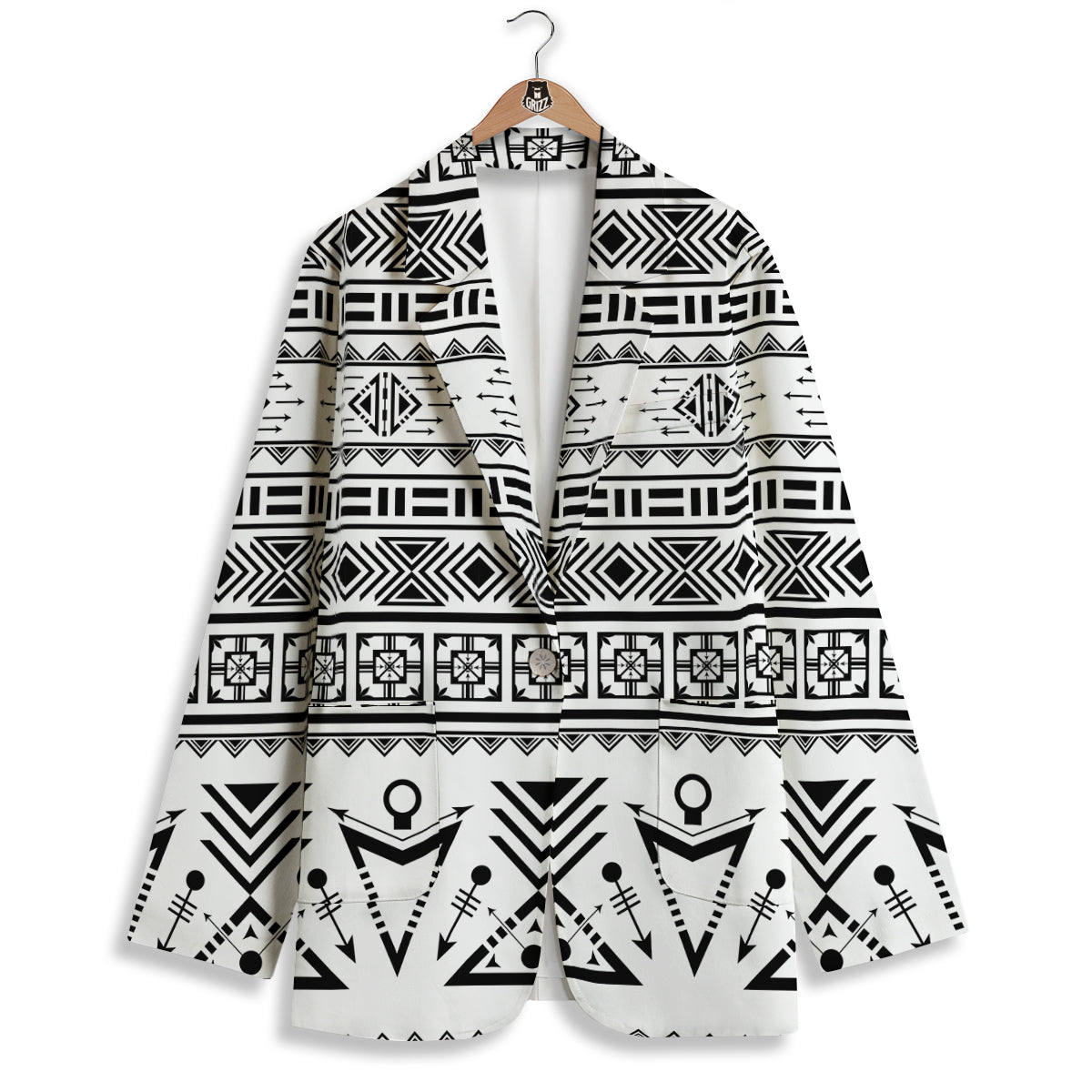 Aztec Grey And White Print Pattern Women's Blazer-grizzshop