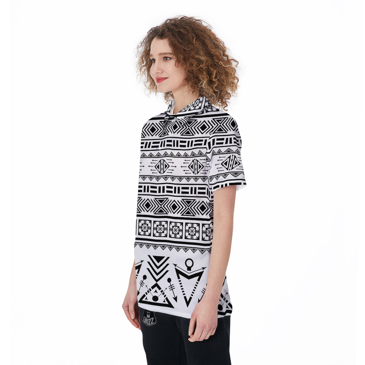 Aztec Grey And White Print Pattern Women's Golf Shirts-grizzshop