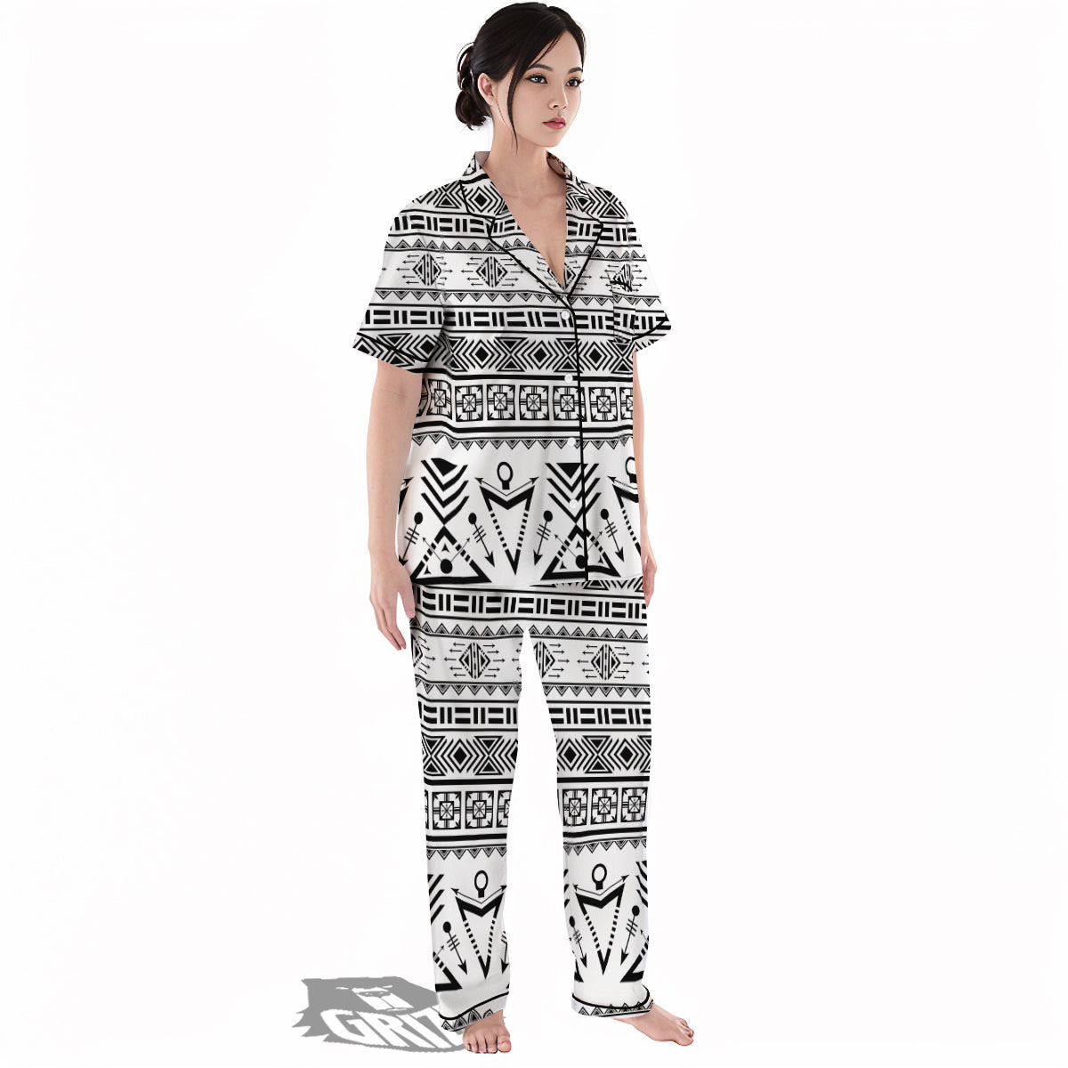 Aztec Grey And White Print Pattern Women's Pajamas Set-grizzshop
