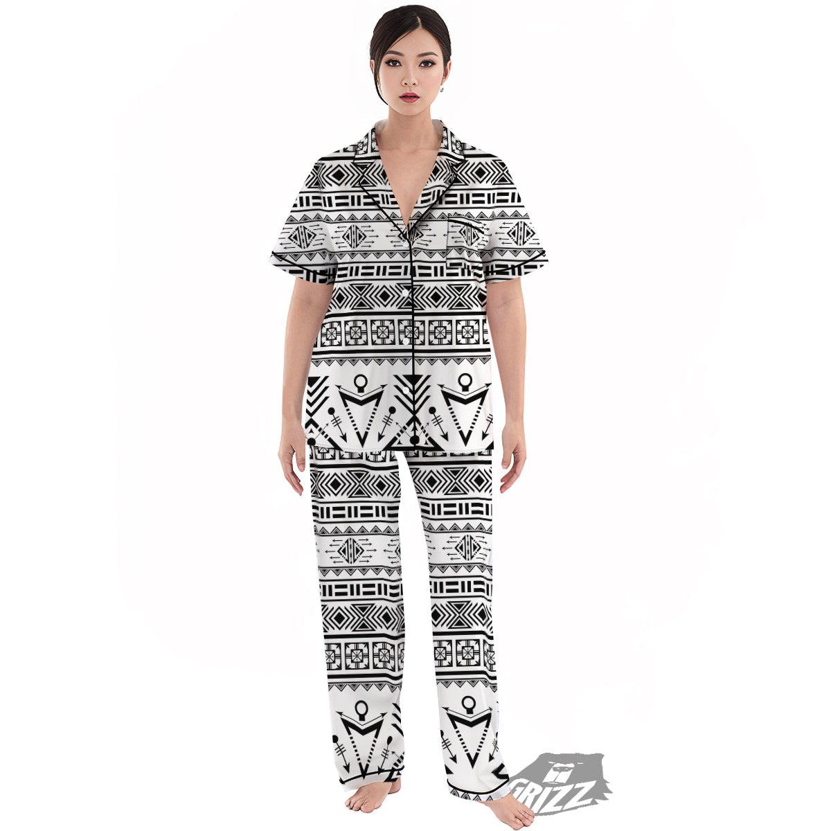 Aztec Grey And White Print Pattern Women's Pajamas Set-grizzshop