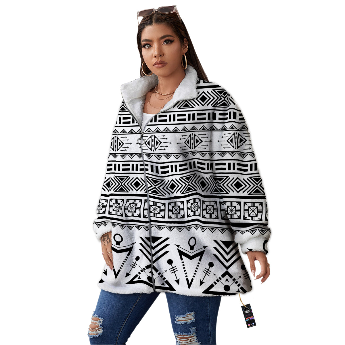 Aztec Grey And White Print Pattern Women's Sherpa Jacket-grizzshop