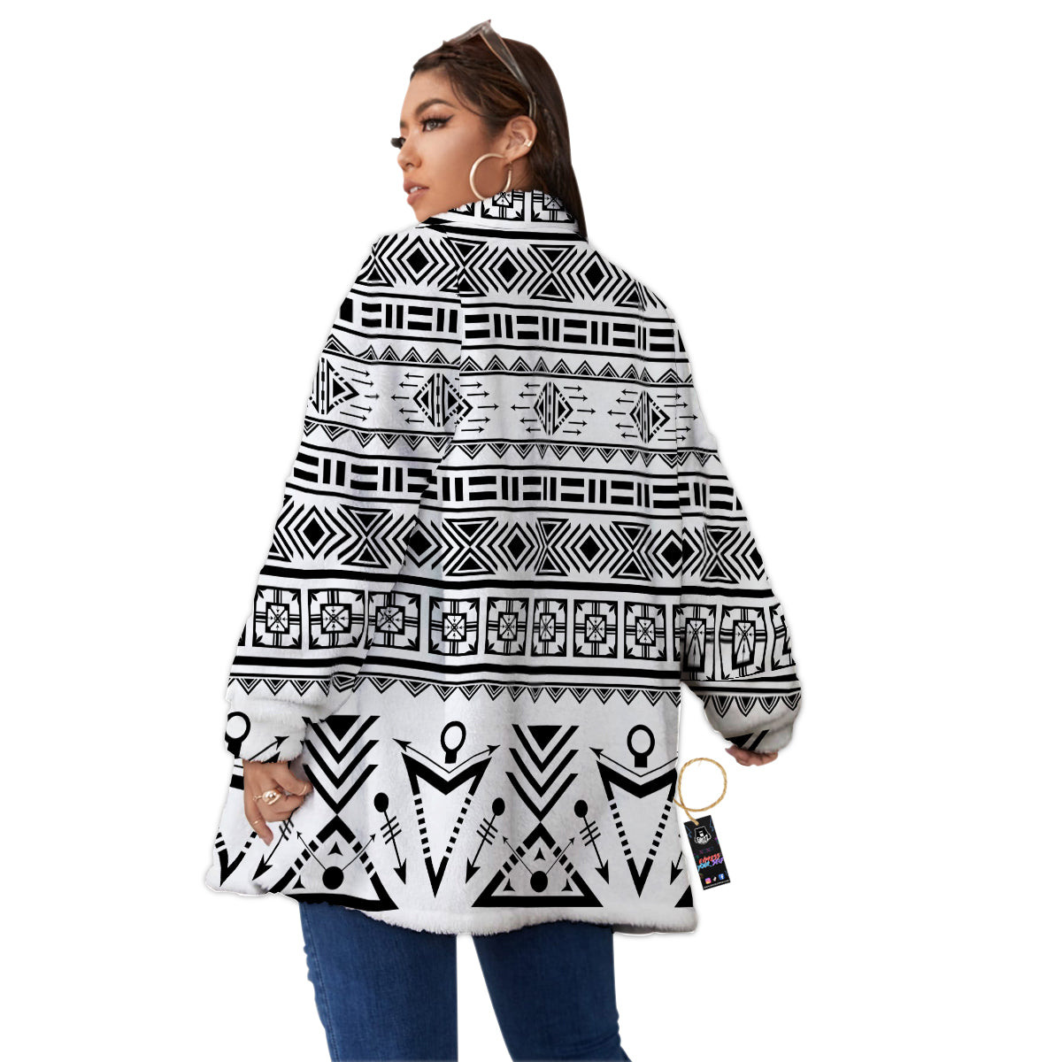 Aztec Grey And White Print Pattern Women's Sherpa Jacket-grizzshop