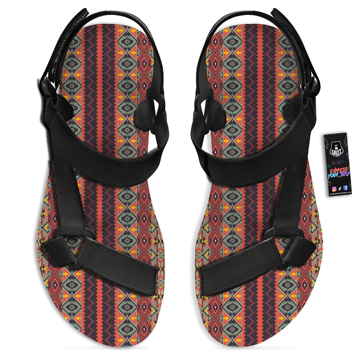 Aztec Native Tribal Print Pattern Black Open Toe Sandals-grizzshop