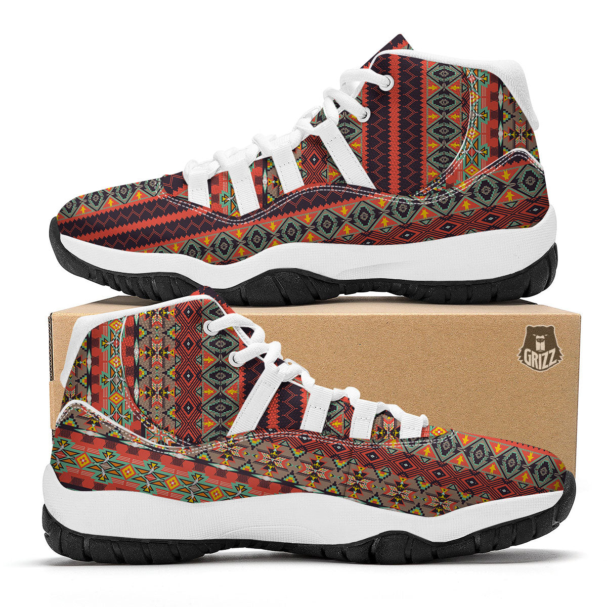 Aztec Native Tribal Print Pattern White Bball Shoes-grizzshop