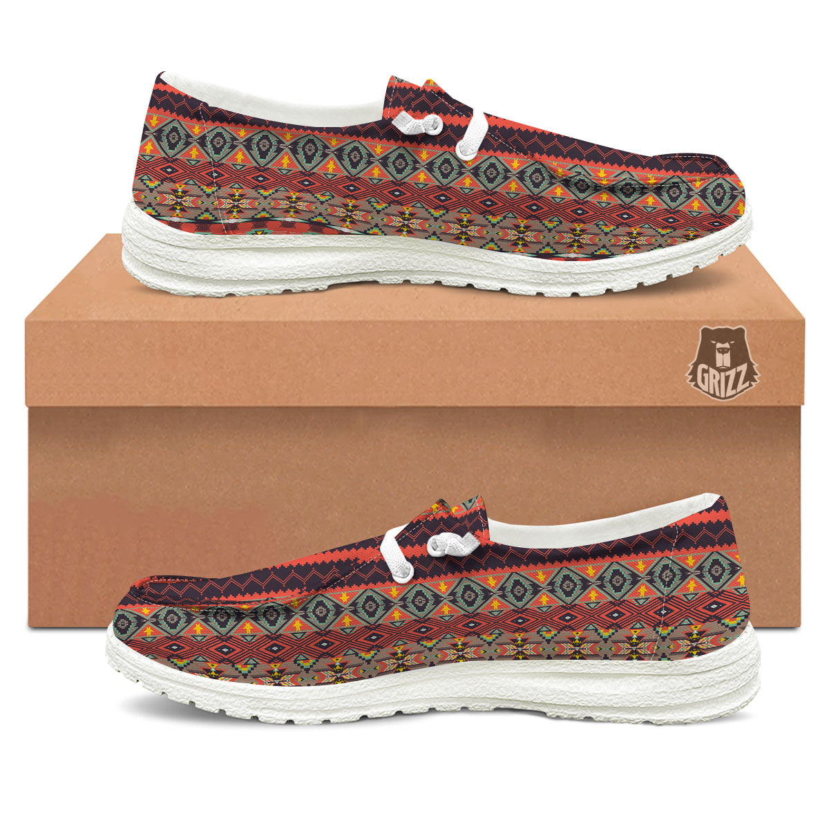 Aztec Native Tribal Print Pattern White Loafers-grizzshop