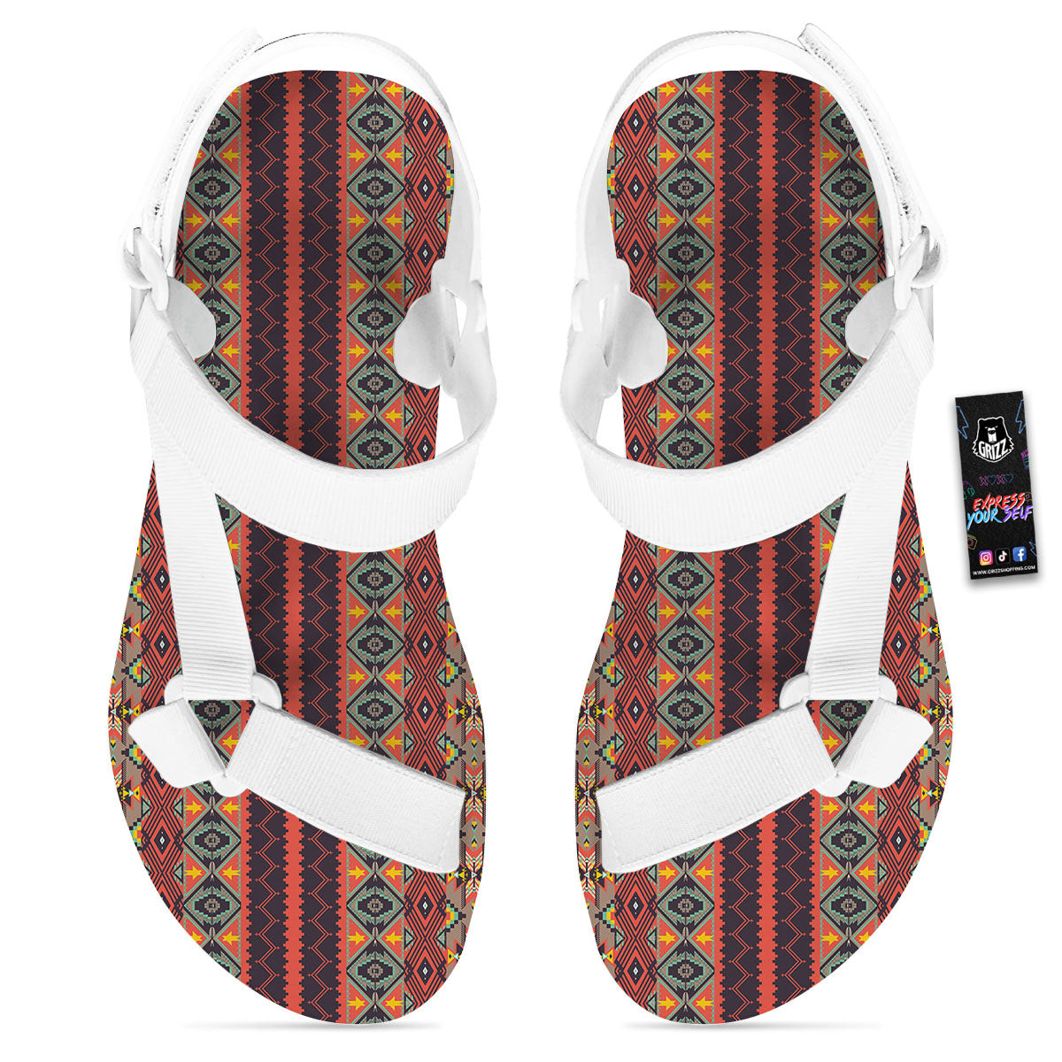 Aztec Native Tribal Print Pattern White Open Toe Sandals-grizzshop