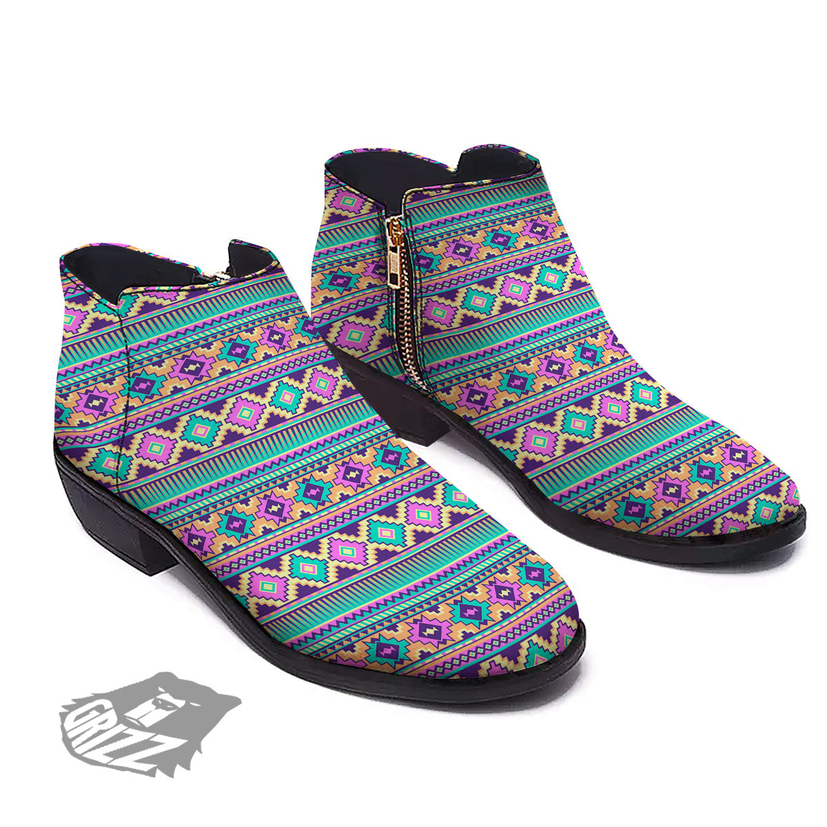 Aztec Neon Native Print Pattern Ankle Boots-grizzshop