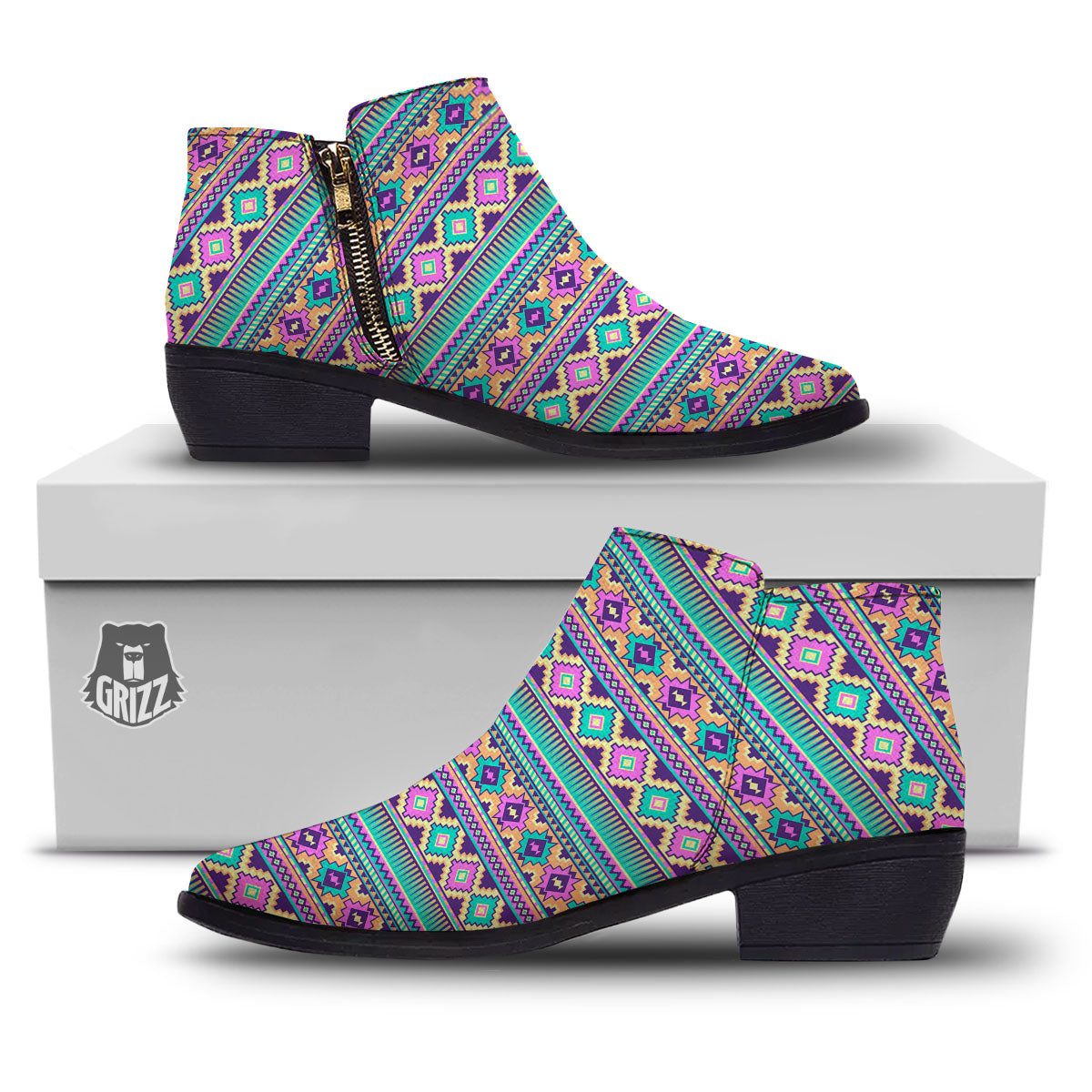 Aztec Neon Native Print Pattern Ankle Boots-grizzshop