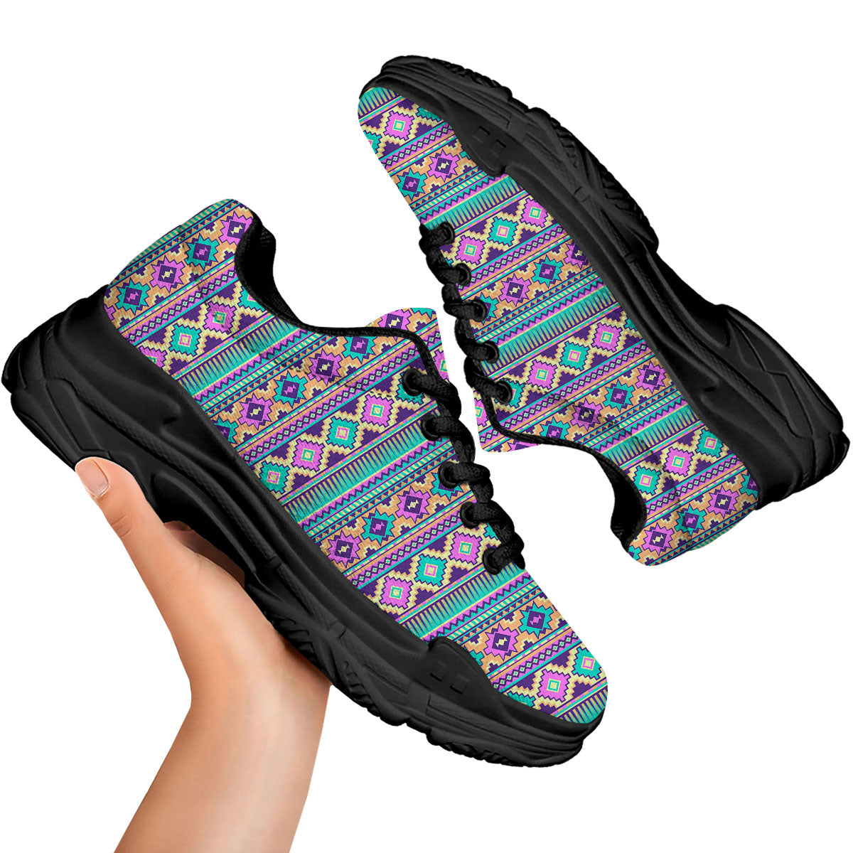 Aztec Neon Native Print Pattern Black Chunky Shoes-grizzshop