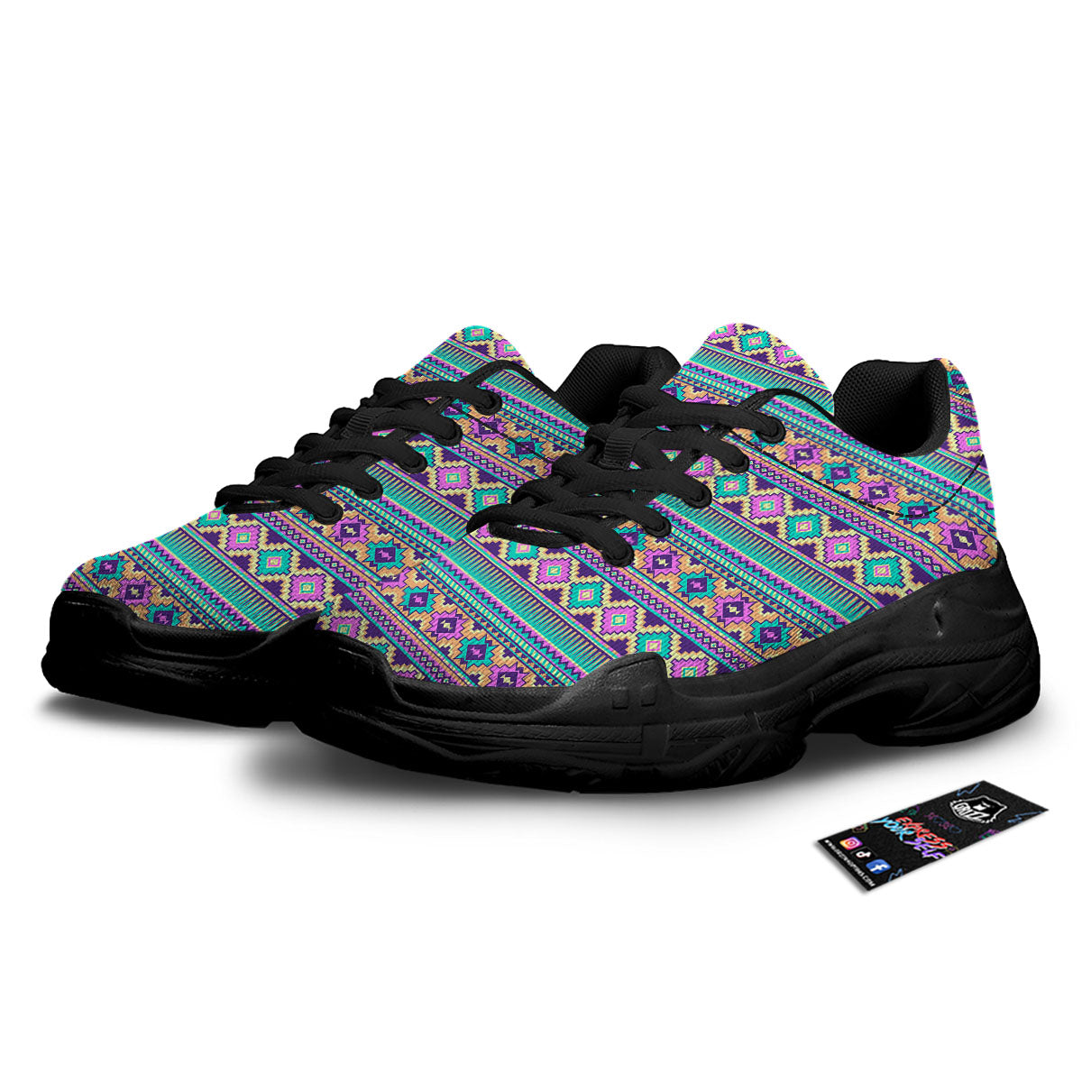 Aztec Neon Native Print Pattern Black Chunky Shoes-grizzshop
