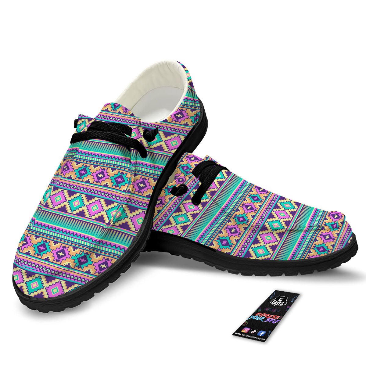 Aztec Neon Native Print Pattern Black Loafers-grizzshop