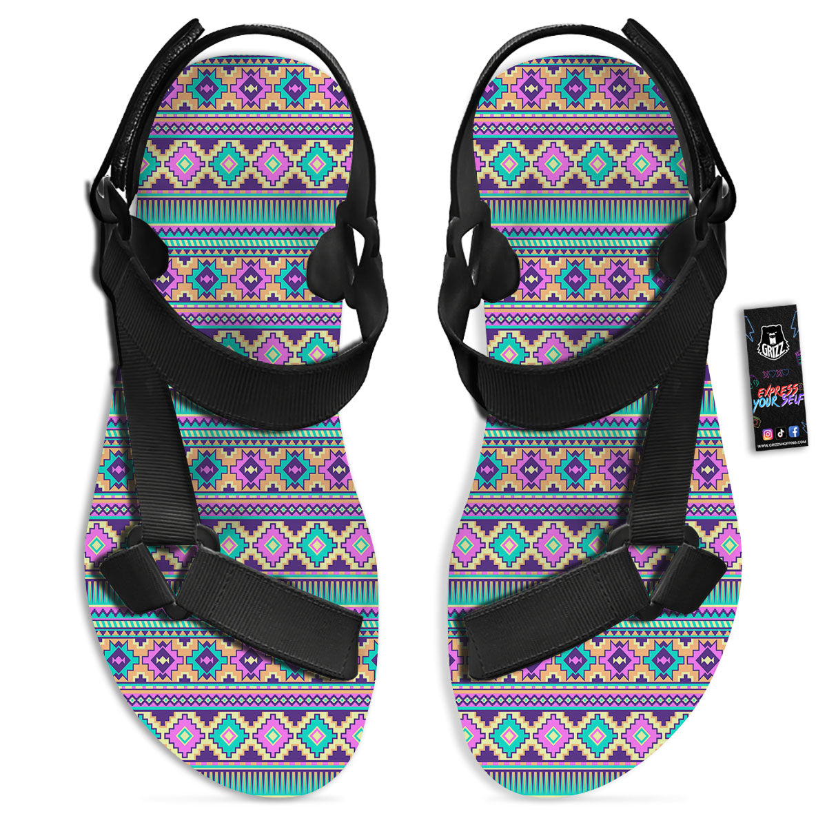 Aztec Neon Native Print Pattern Black Open Toe Sandals-grizzshop