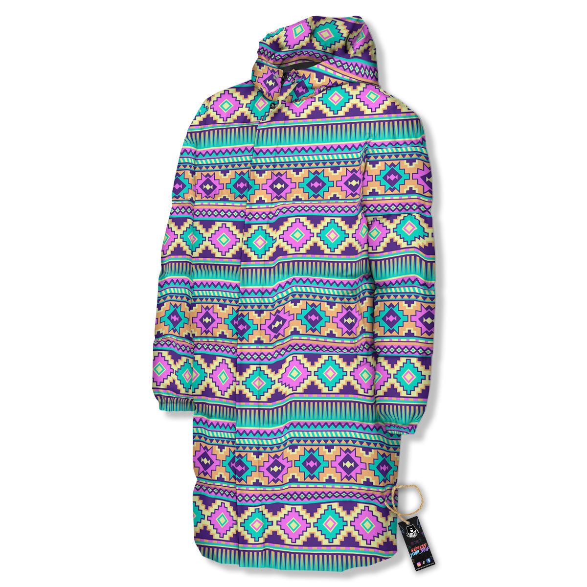 Aztec Neon Native Print Pattern Long Down Jacket-grizzshop