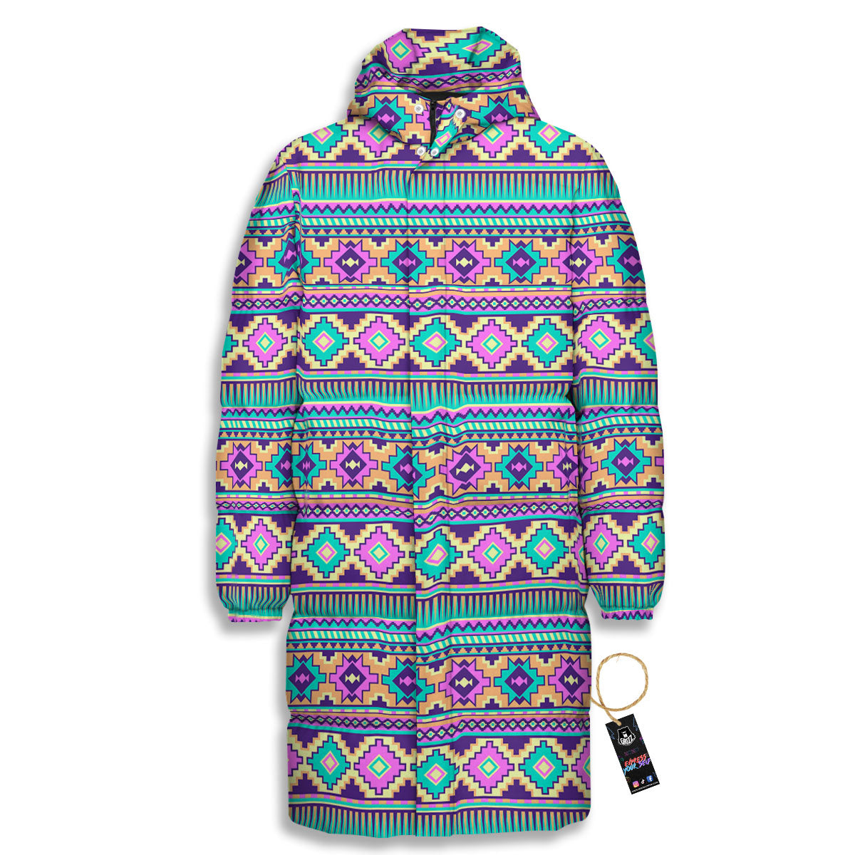 Aztec Neon Native Print Pattern Long Down Jacket-grizzshop