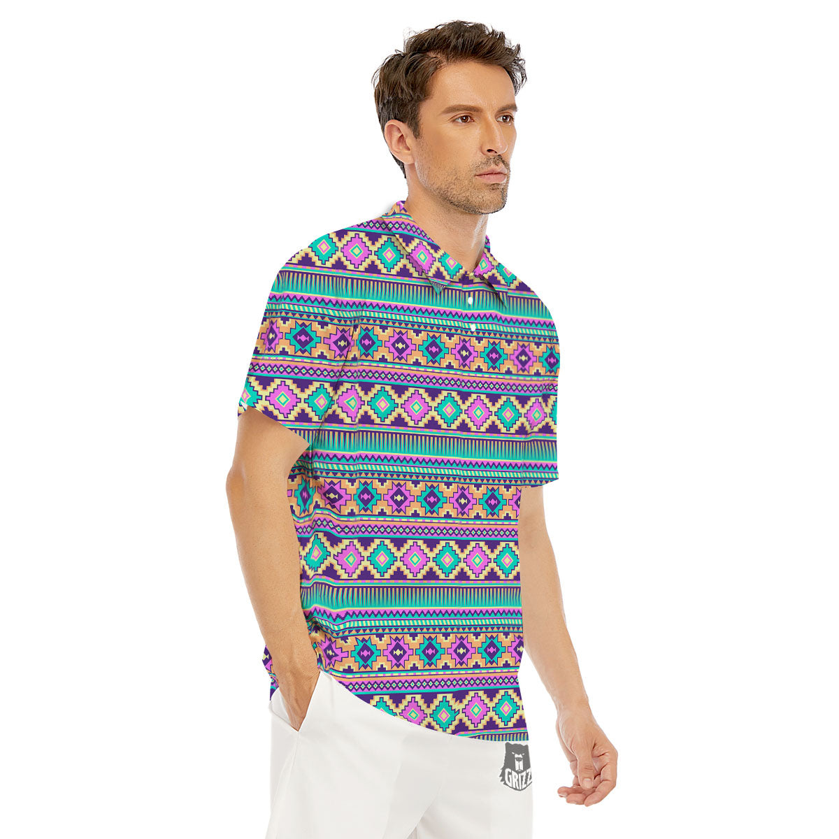 Aztec Neon Native Print Pattern Men's Golf Shirts-grizzshop