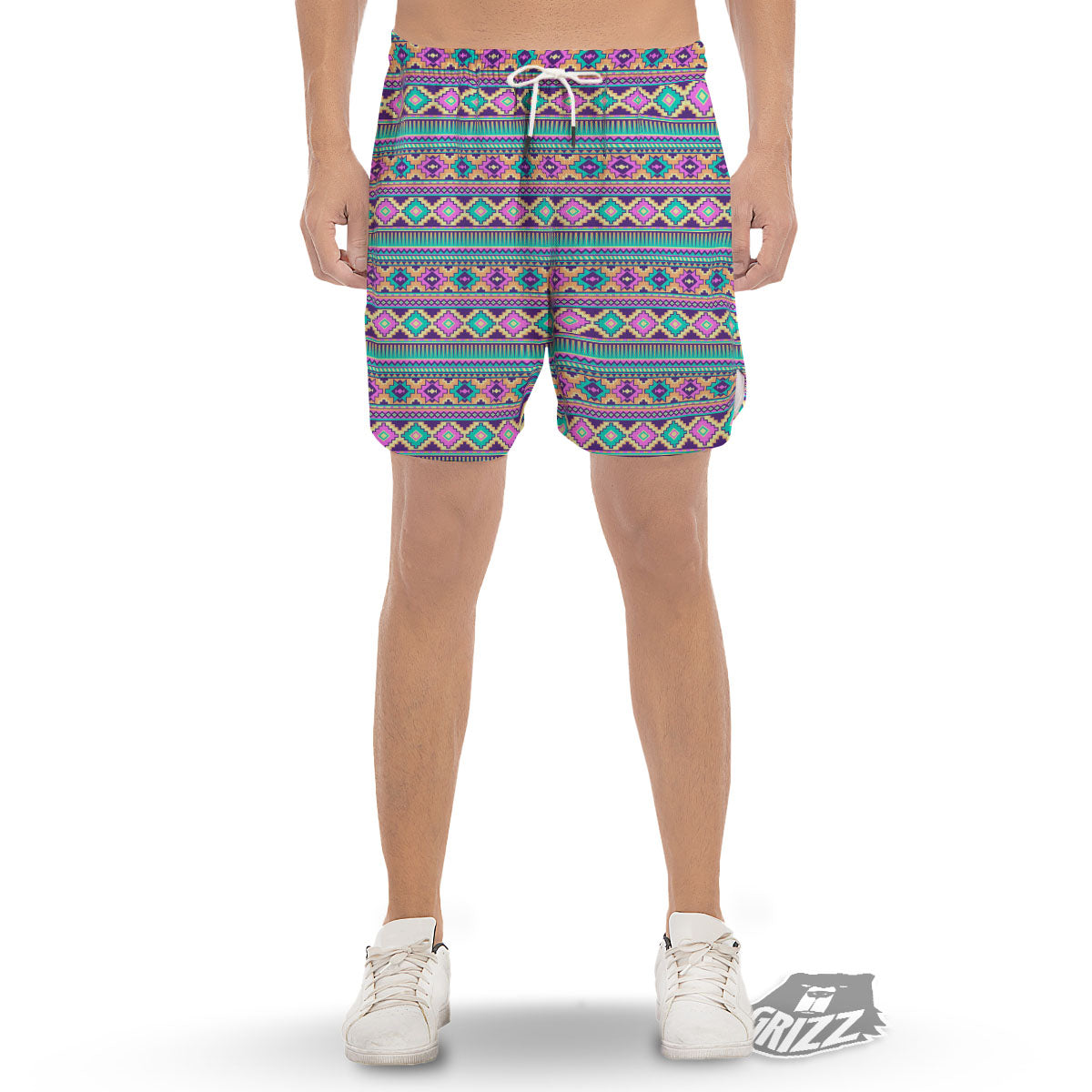 Aztec Neon Native Print Pattern Men's Gym Shorts-grizzshop