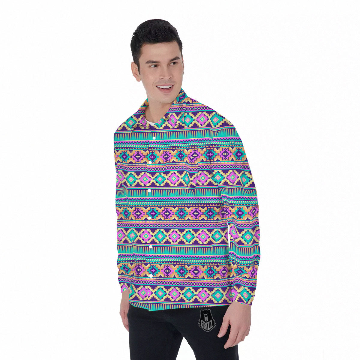 Aztec Neon Native Print Pattern Men's Long Sleeve Shirts-grizzshop