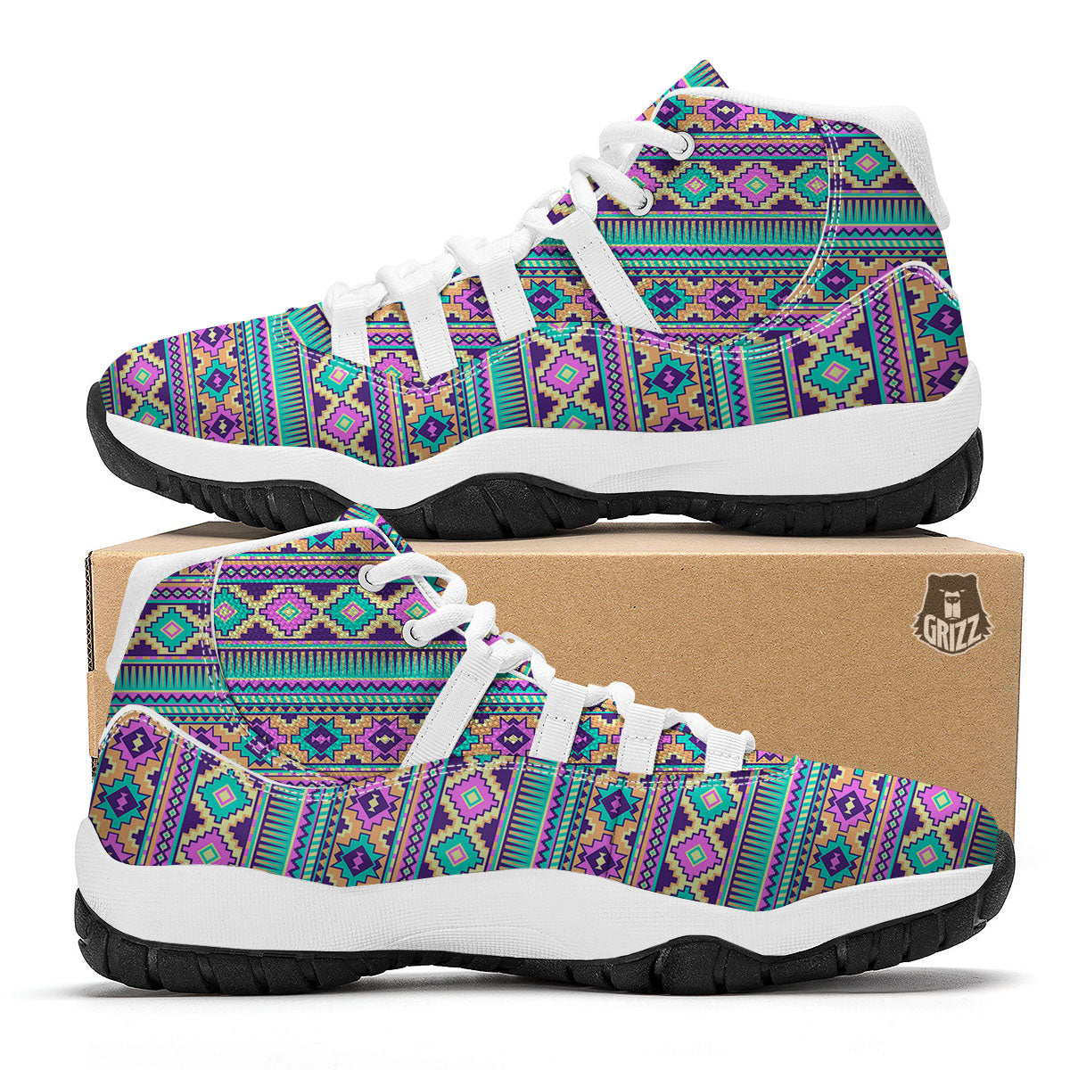 Aztec Neon Native Print Pattern White Bball Shoes-grizzshop