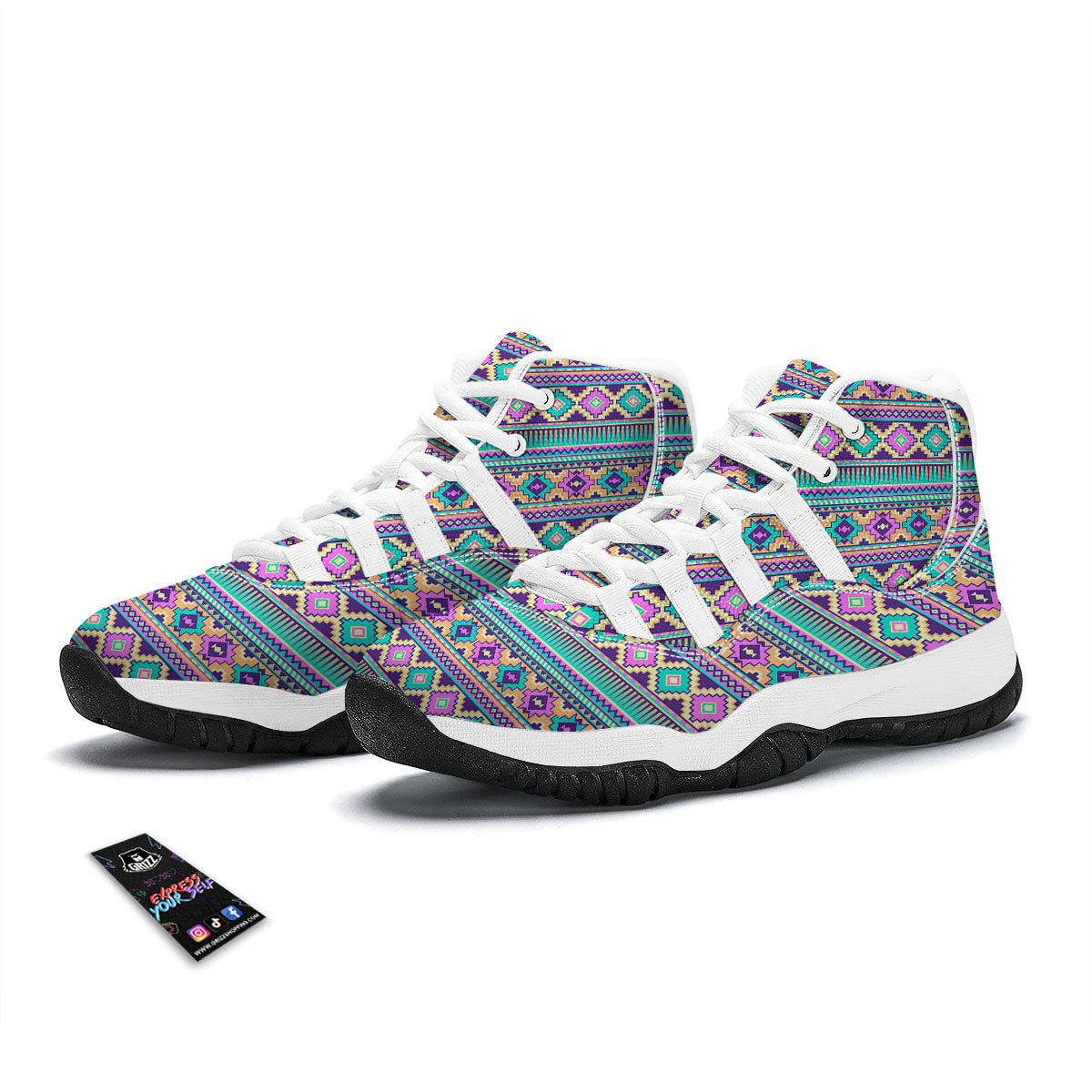 Aztec Neon Native Print Pattern White Bball Shoes-grizzshop