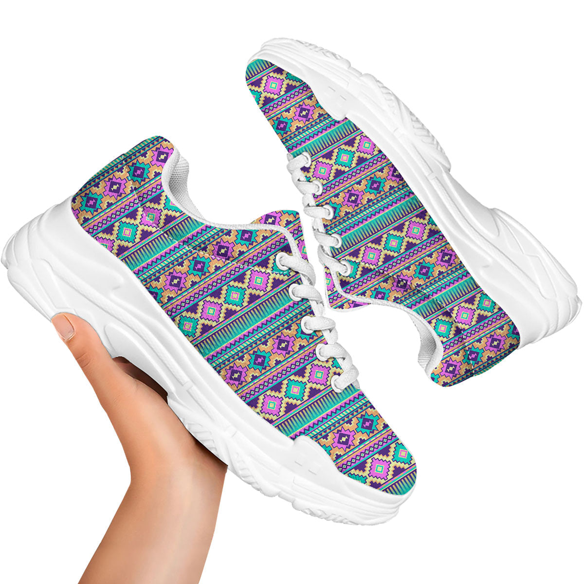 Aztec Neon Native Print Pattern White Chunky Shoes-grizzshop