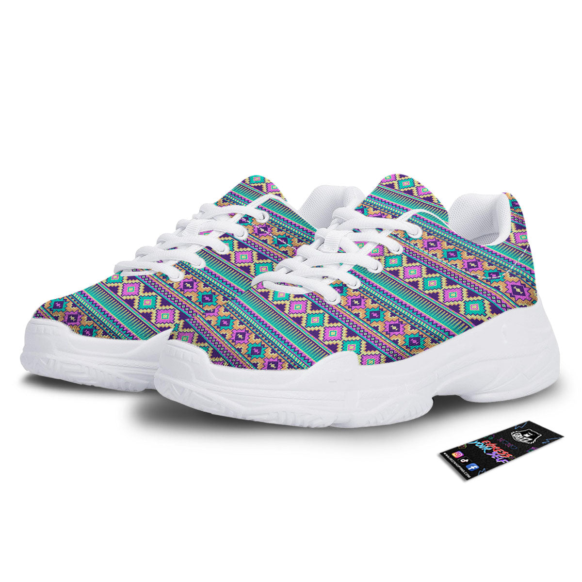 Aztec Neon Native Print Pattern White Chunky Shoes-grizzshop