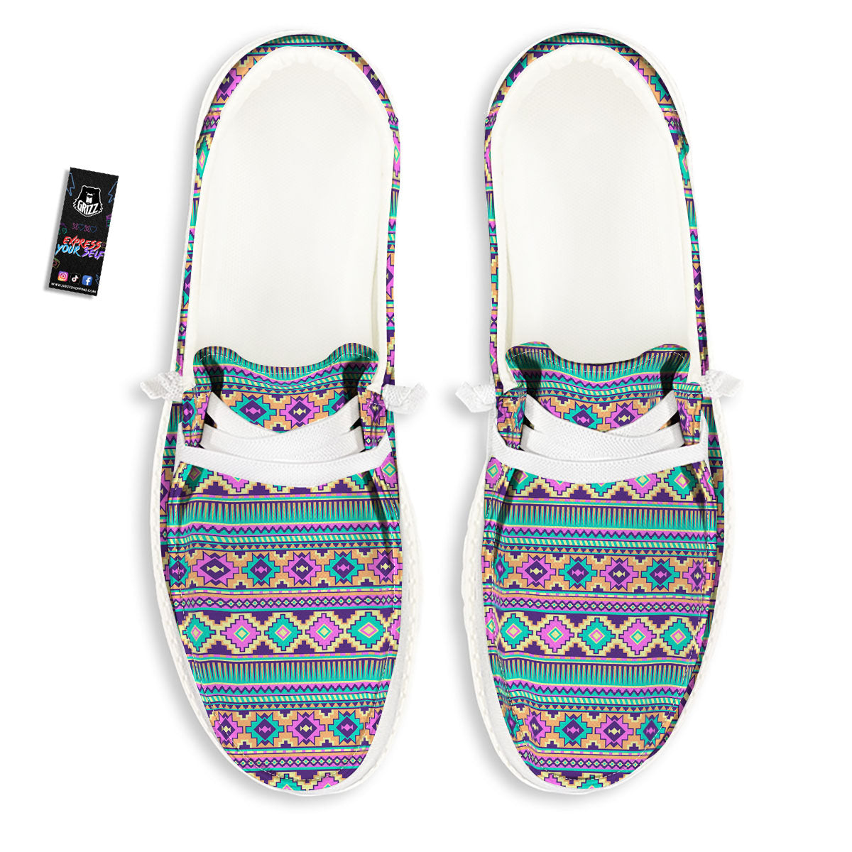 Aztec Neon Native Print Pattern White Loafers-grizzshop