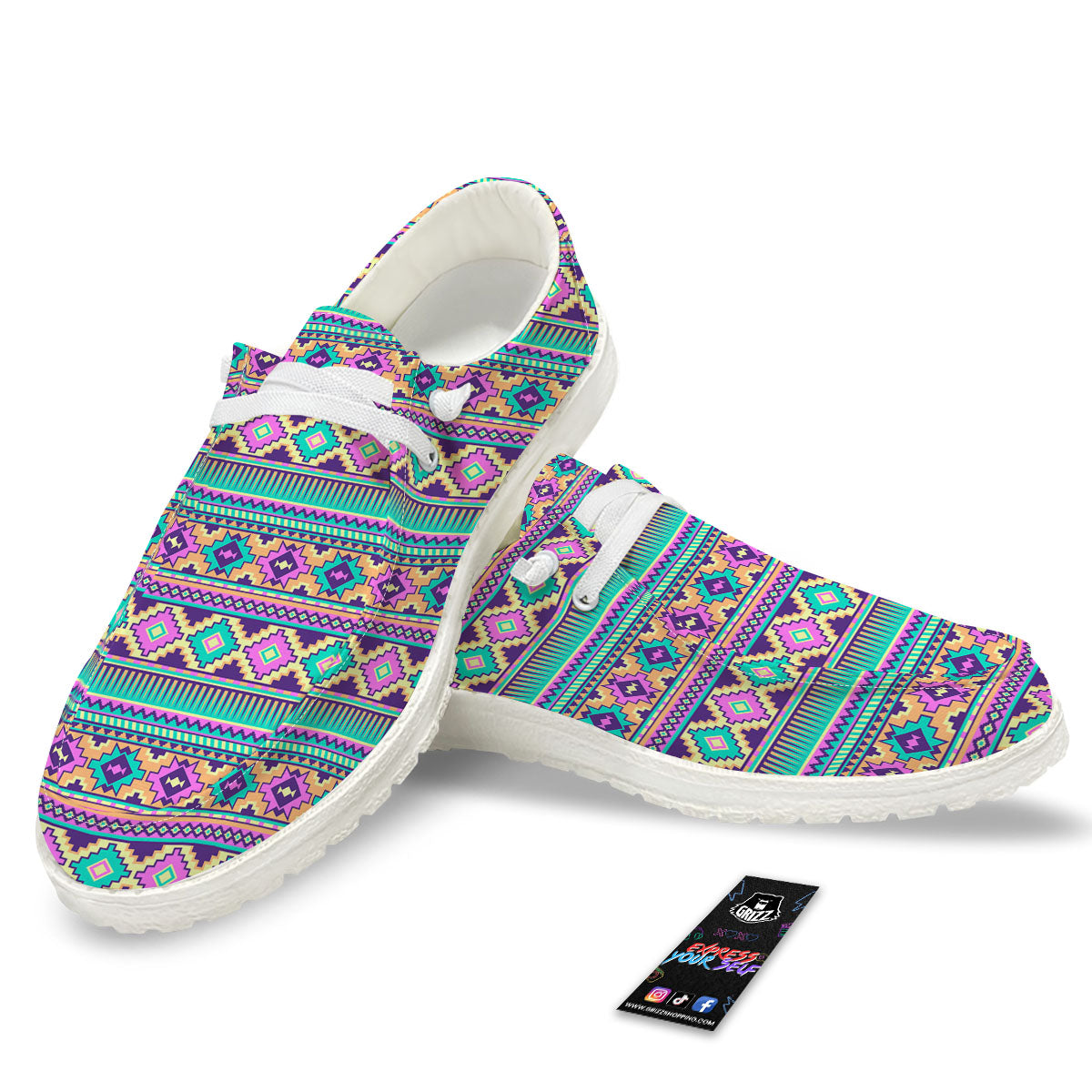 Aztec Neon Native Print Pattern White Loafers-grizzshop