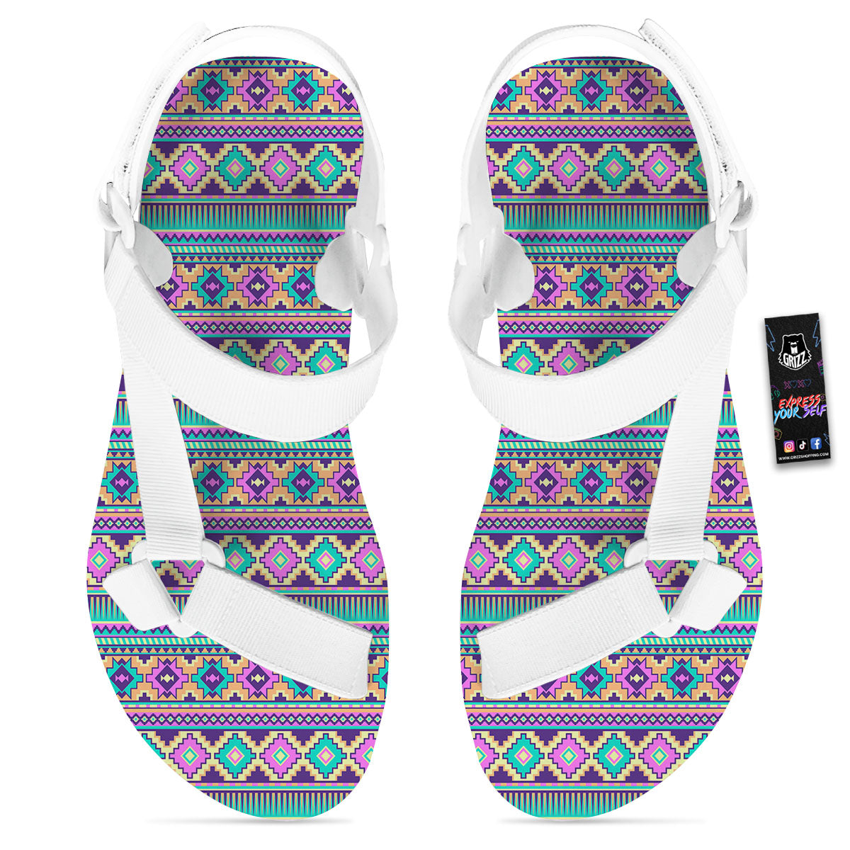 Aztec Neon Native Print Pattern White Open Toe Sandals-grizzshop