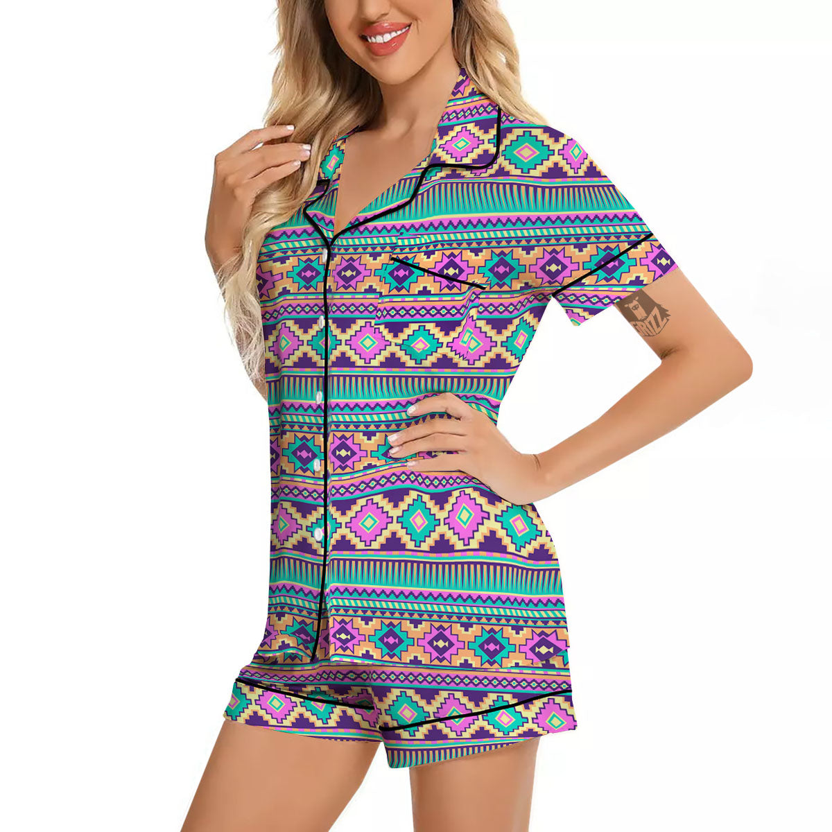 Aztec Neon Native Print Pattern Women Silk Pajamas-grizzshop
