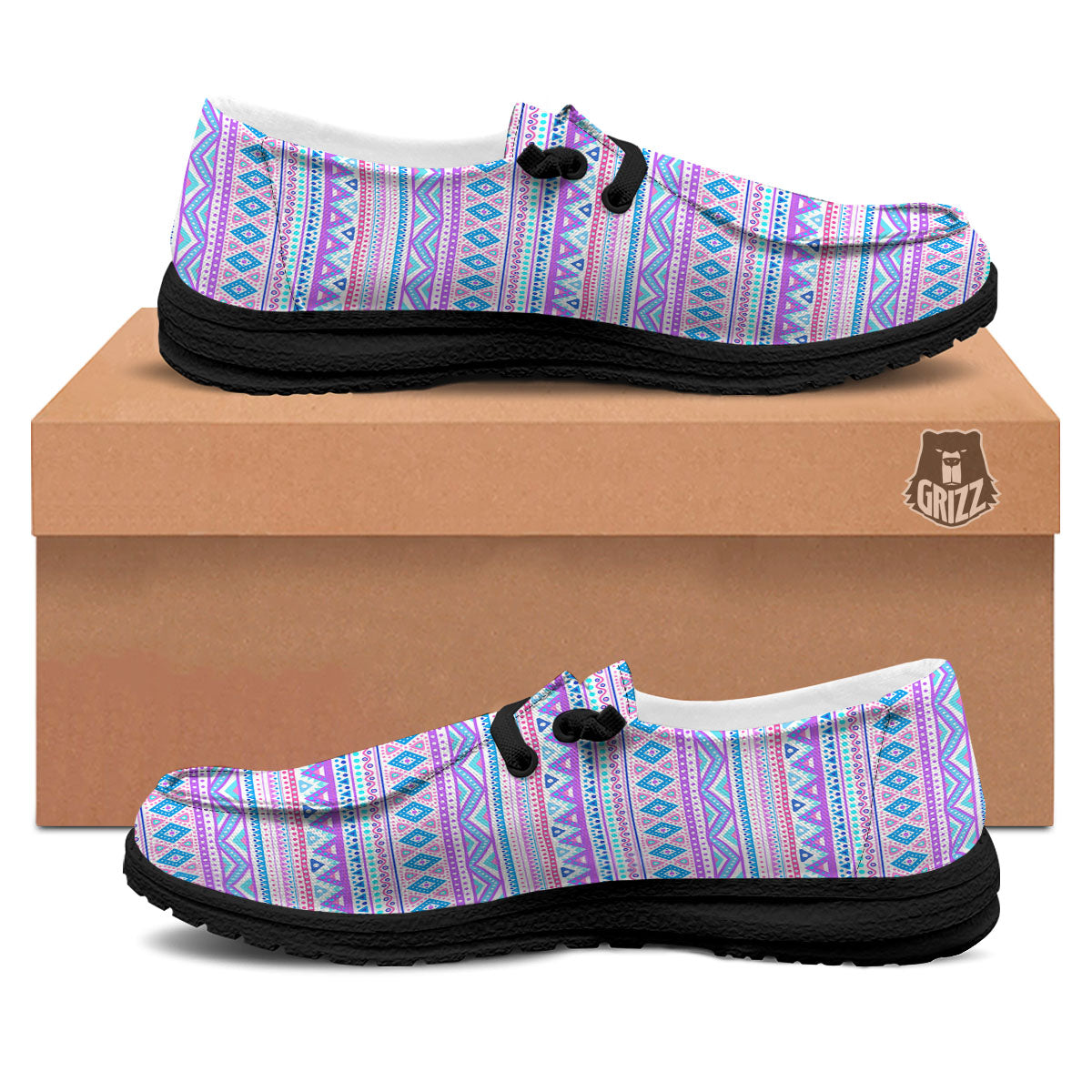 Aztec Pink And Pastel Print Pattern Black Loafers-grizzshop