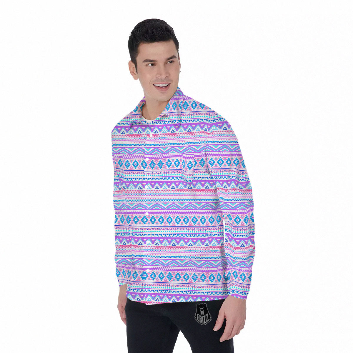 Aztec Pink And Pastel Print Pattern Men's Long Sleeve Shirts-grizzshop