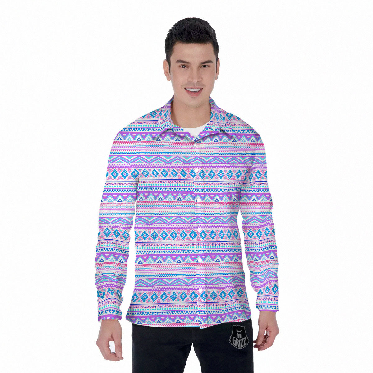 Aztec Pink And Pastel Print Pattern Men's Long Sleeve Shirts-grizzshop