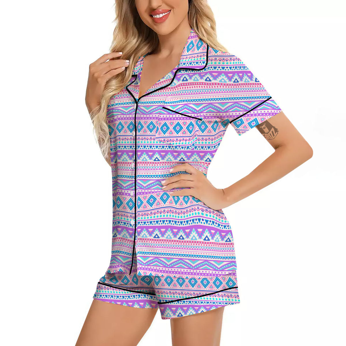 Aztec Pink And Pastel Print Pattern Women Silk Pajamas-grizzshop