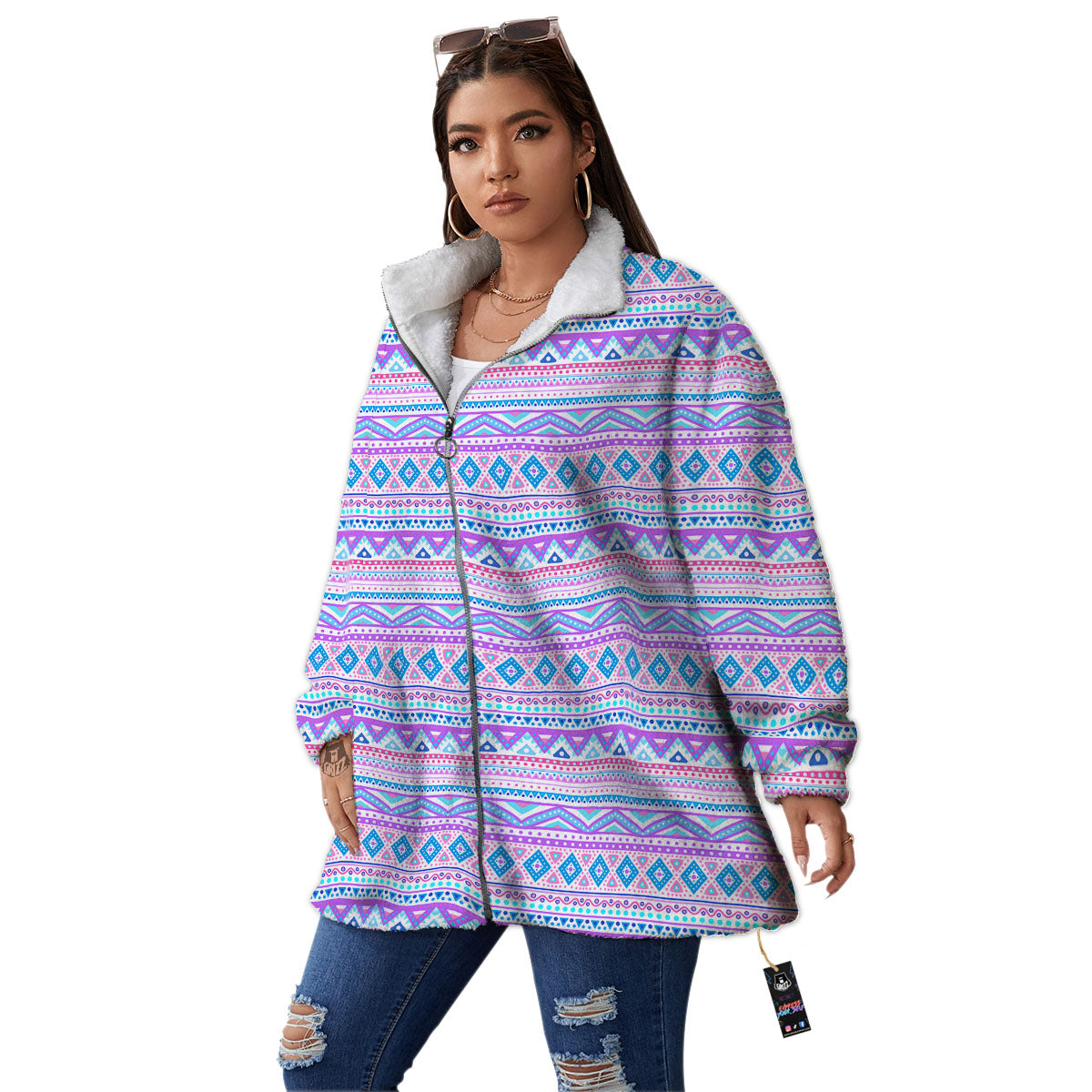 Aztec Pink And Pastel Print Pattern Women's Sherpa Jacket-grizzshop