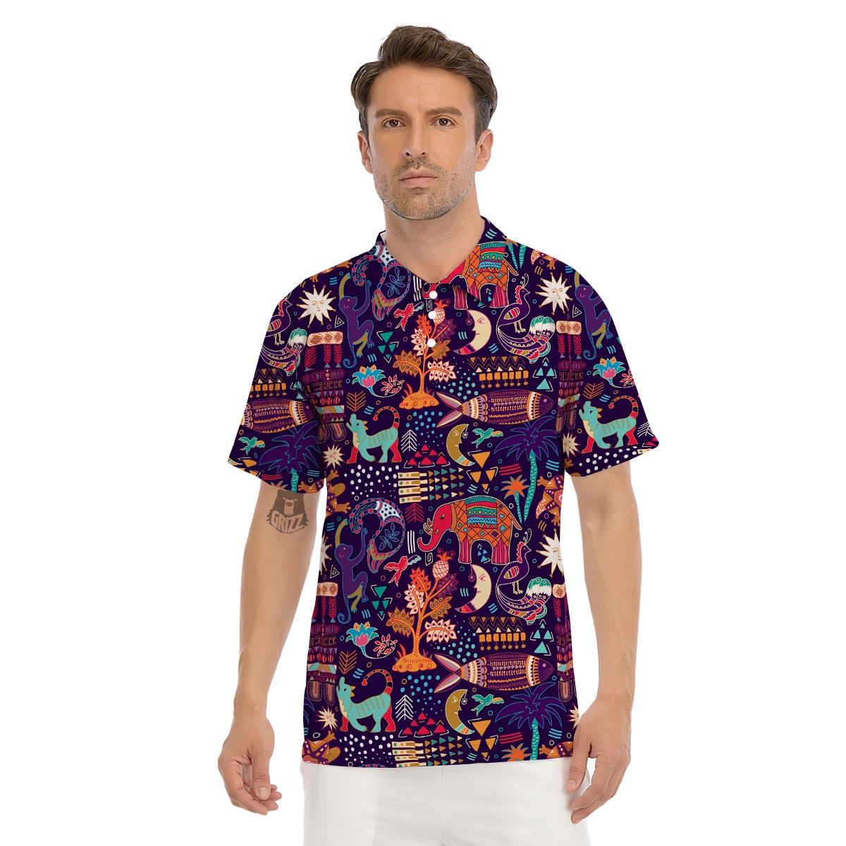 Neon Color Indian Aztec Trippy Men's Golf Shirts main image 0
