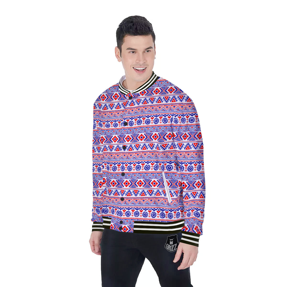 Aztec Red And Blue Print Pattern Baseball Jacket-grizzshop