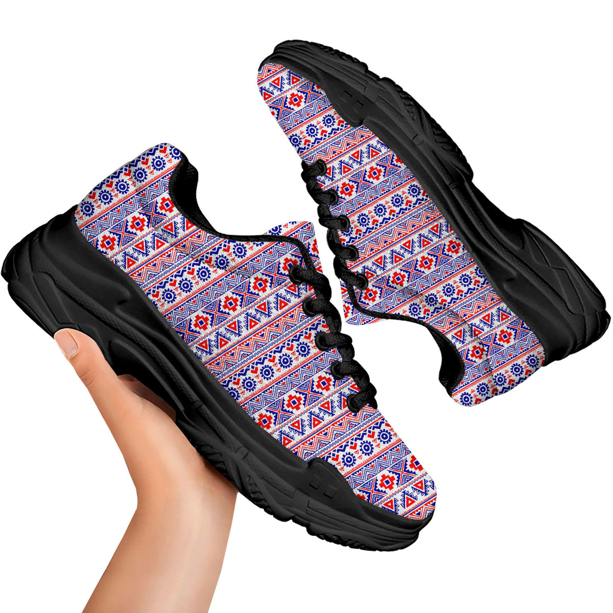 Aztec Red And Blue Print Pattern Black Chunky Shoes-grizzshop