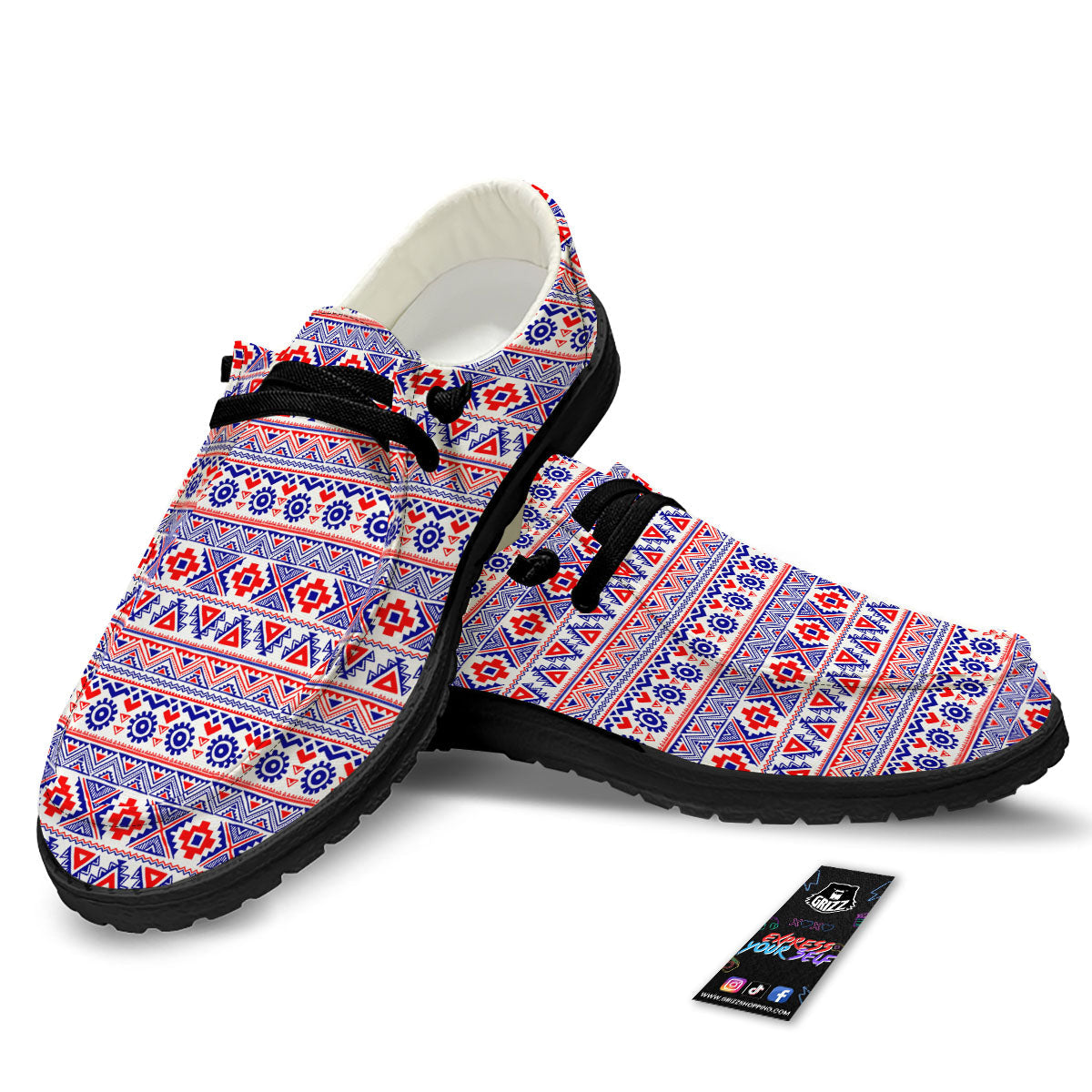 Aztec Red And Blue Print Pattern Black Loafers-grizzshop