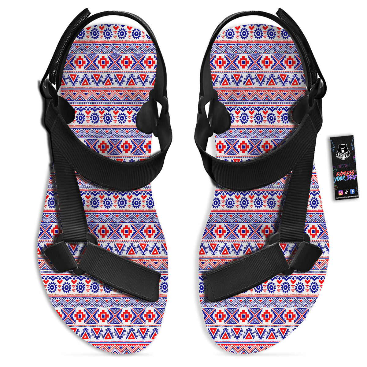 Aztec Red And Blue Print Pattern Black Open Toe Sandals-grizzshop