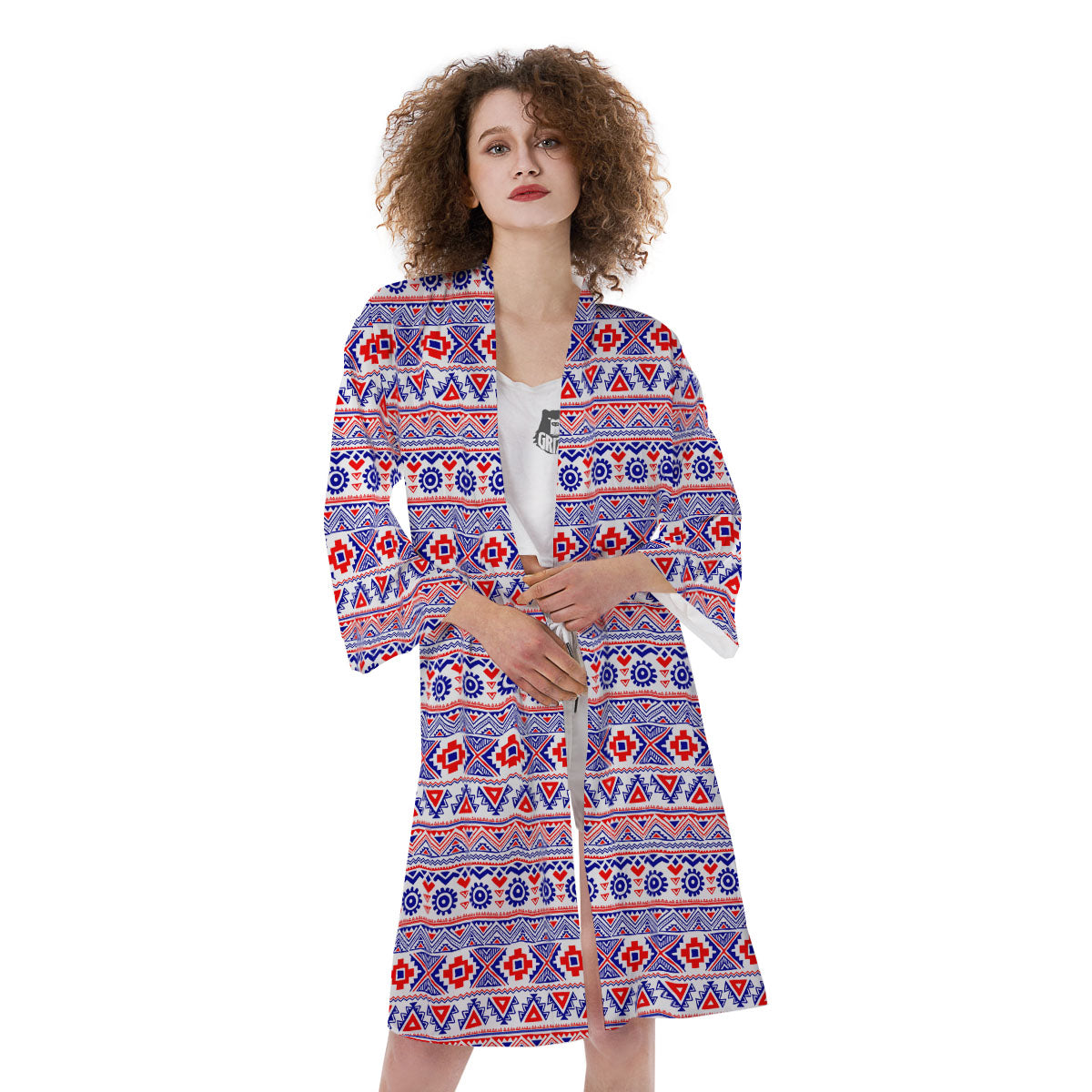 Aztec Red And Blue Print Pattern Kimono-grizzshop
