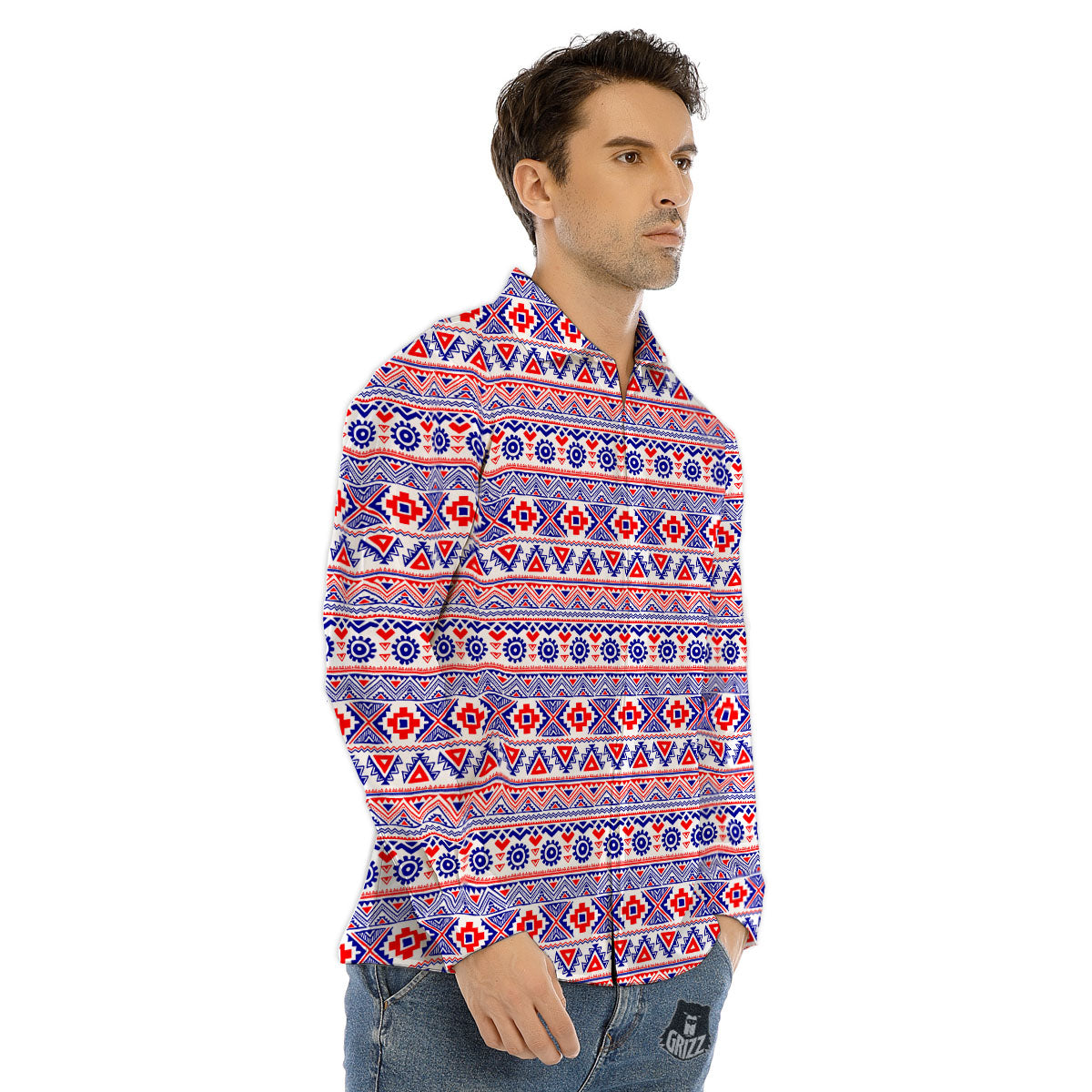 Aztec Red And Blue Print Pattern Men's Dress Shirts-grizzshop