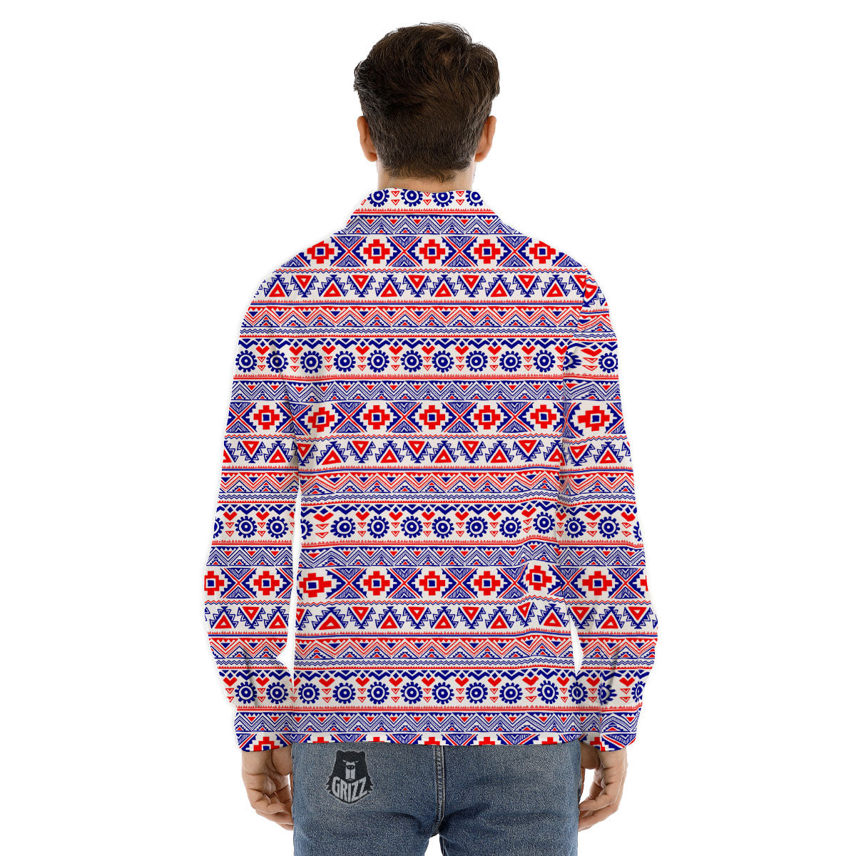 Aztec Red And Blue Print Pattern Men's Dress Shirts-grizzshop