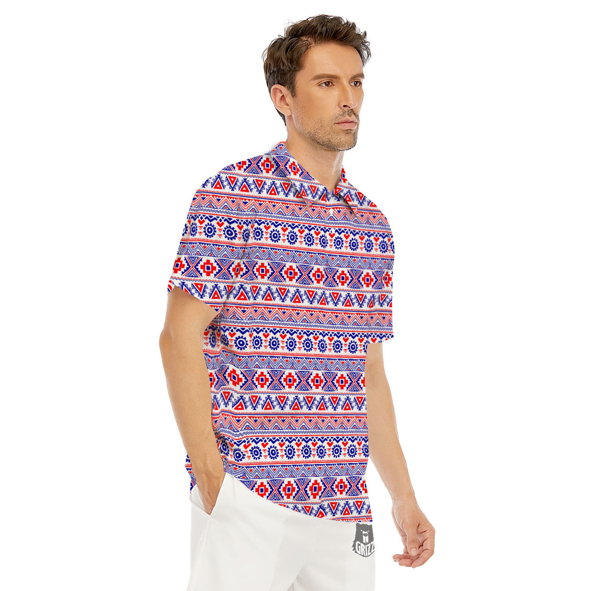 Aztec Red And Blue Print Pattern Men's Golf Shirts-grizzshop
