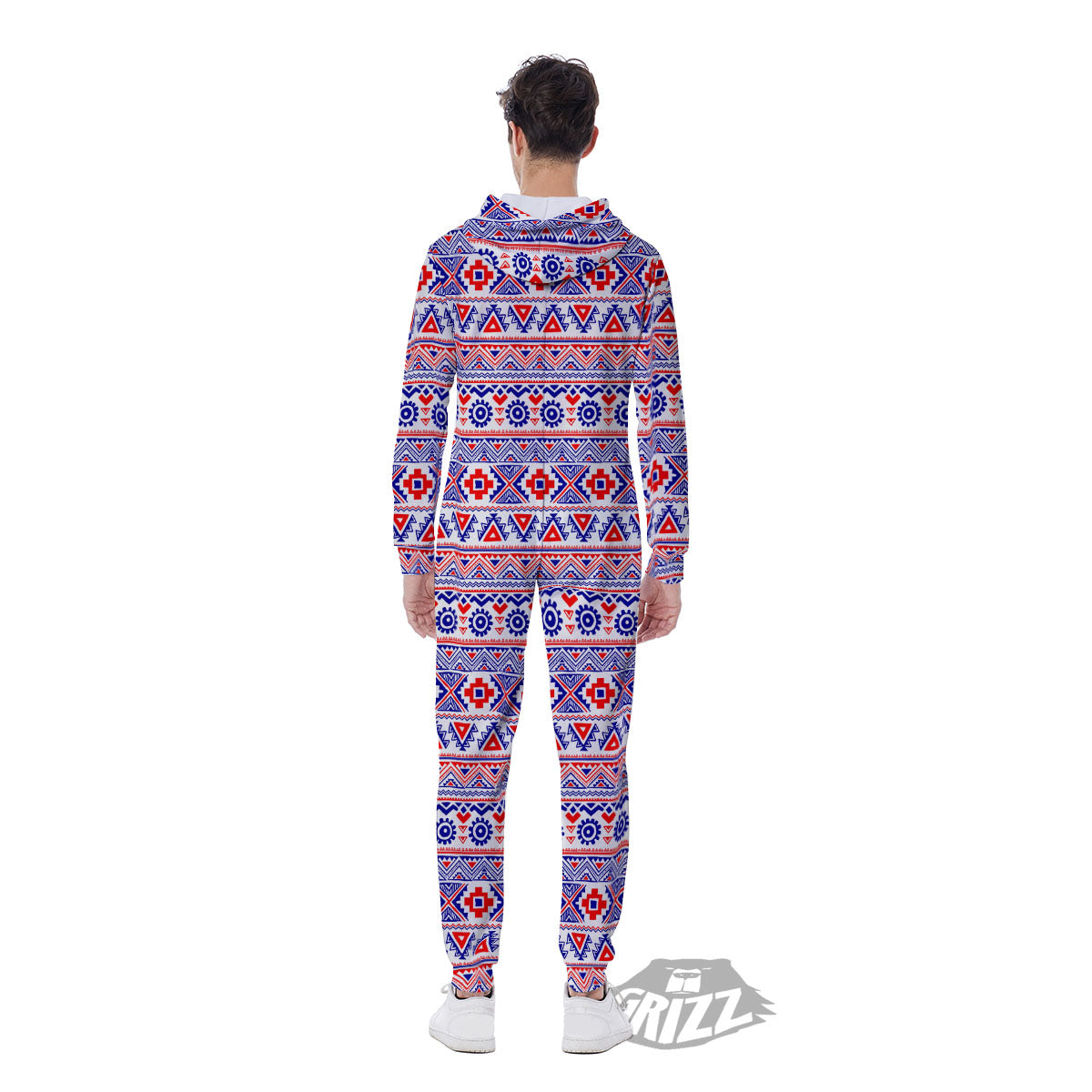Aztec Red And Blue Print Pattern Men's Jumpsuit-grizzshop
