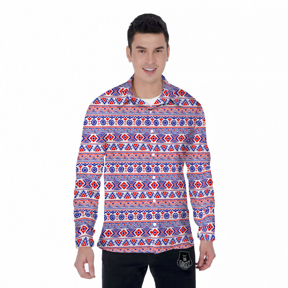 Aztec Red And Blue Print Pattern Men's Long Sleeve Shirts-grizzshop