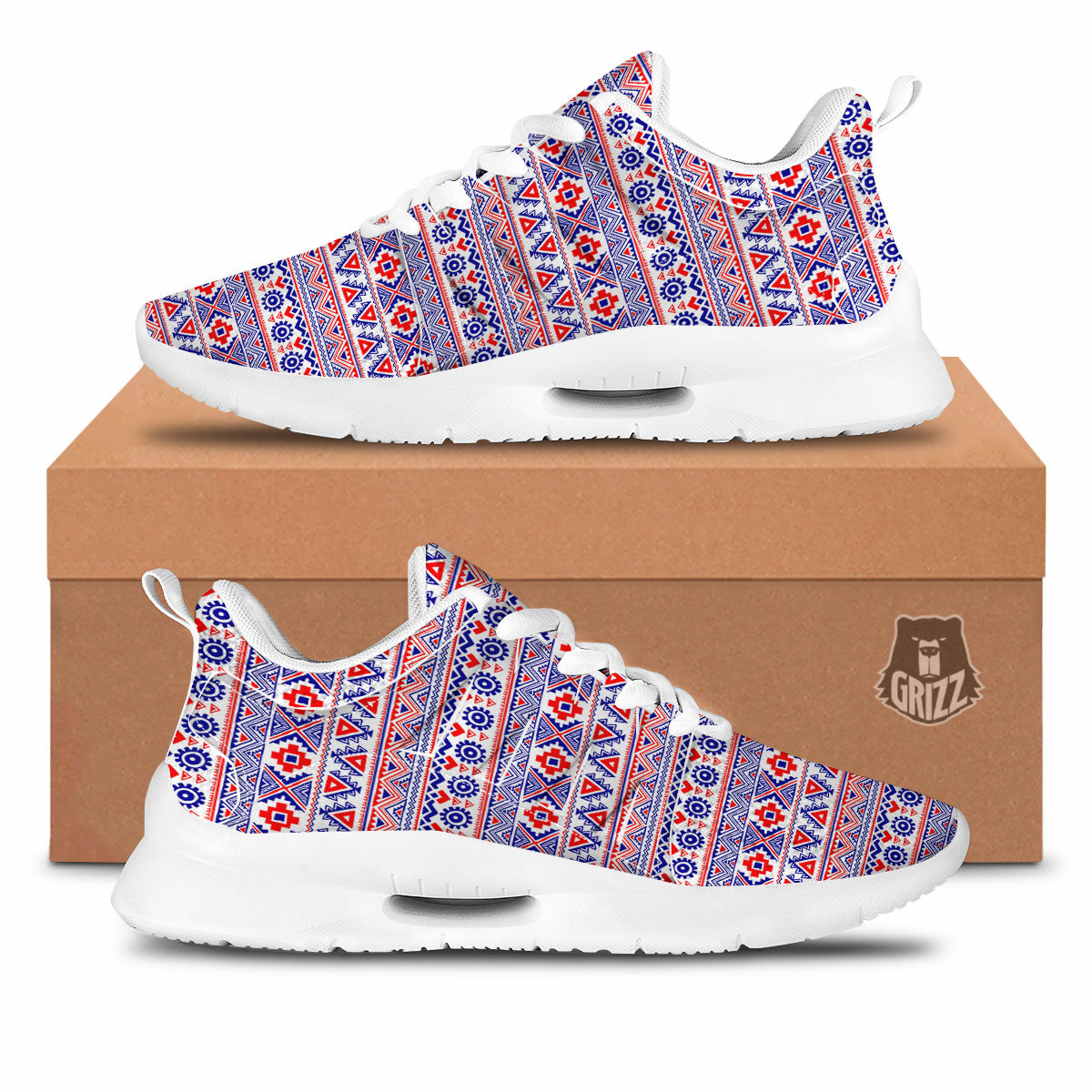 Aztec Red And Blue Print Pattern Tennis Shoes-grizzshop