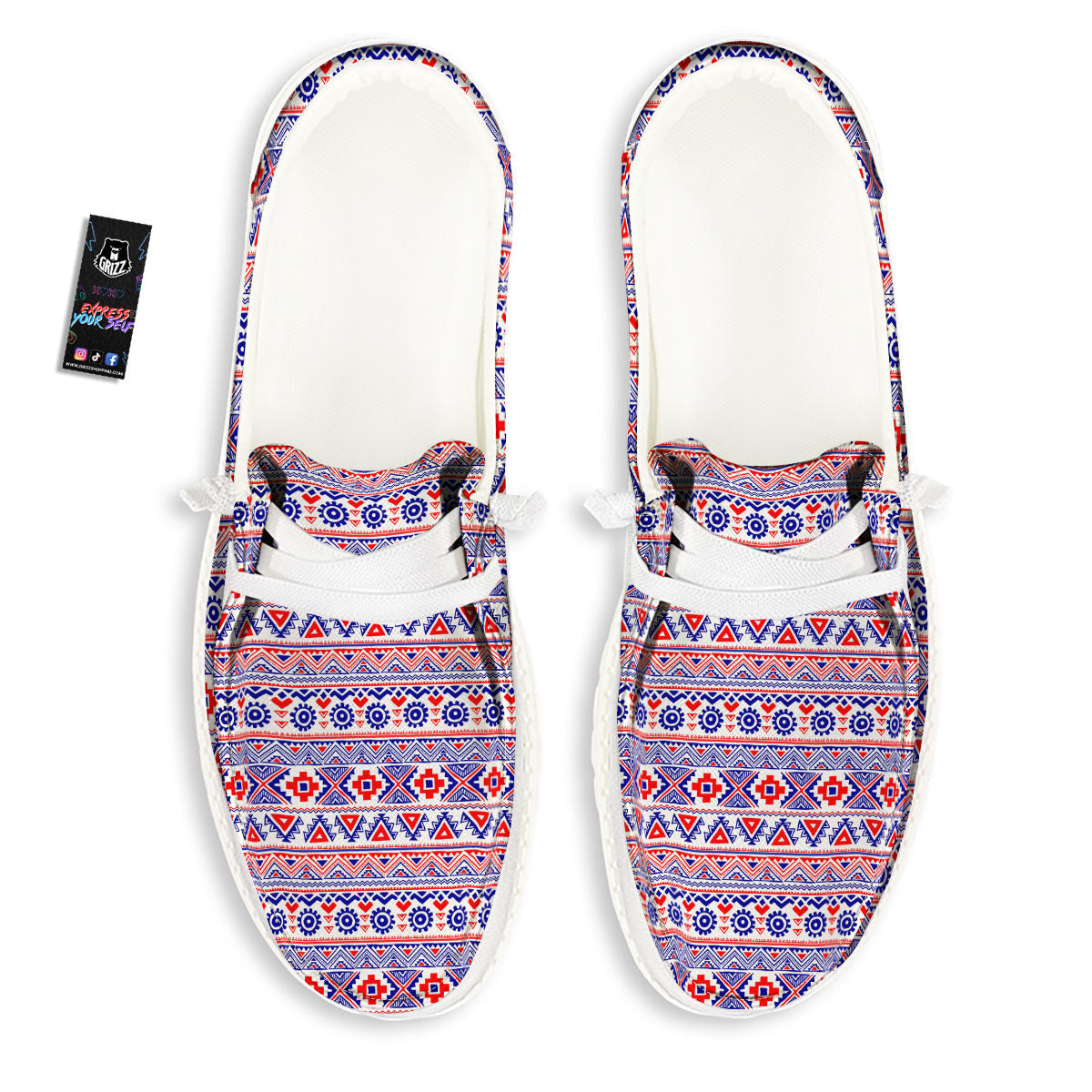 Aztec Red And Blue Print Pattern White Loafers-grizzshop