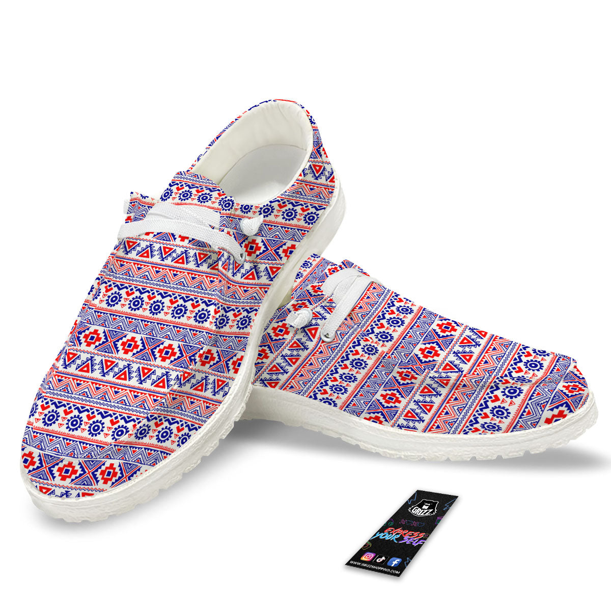 Aztec Red And Blue Print Pattern White Loafers-grizzshop